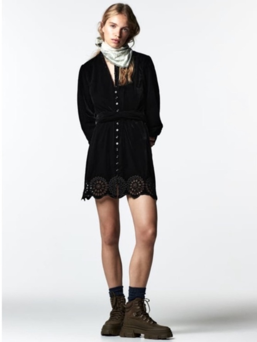 Zara Ling Sleeve Black Velvet Embroidered Hem Dress with Belt